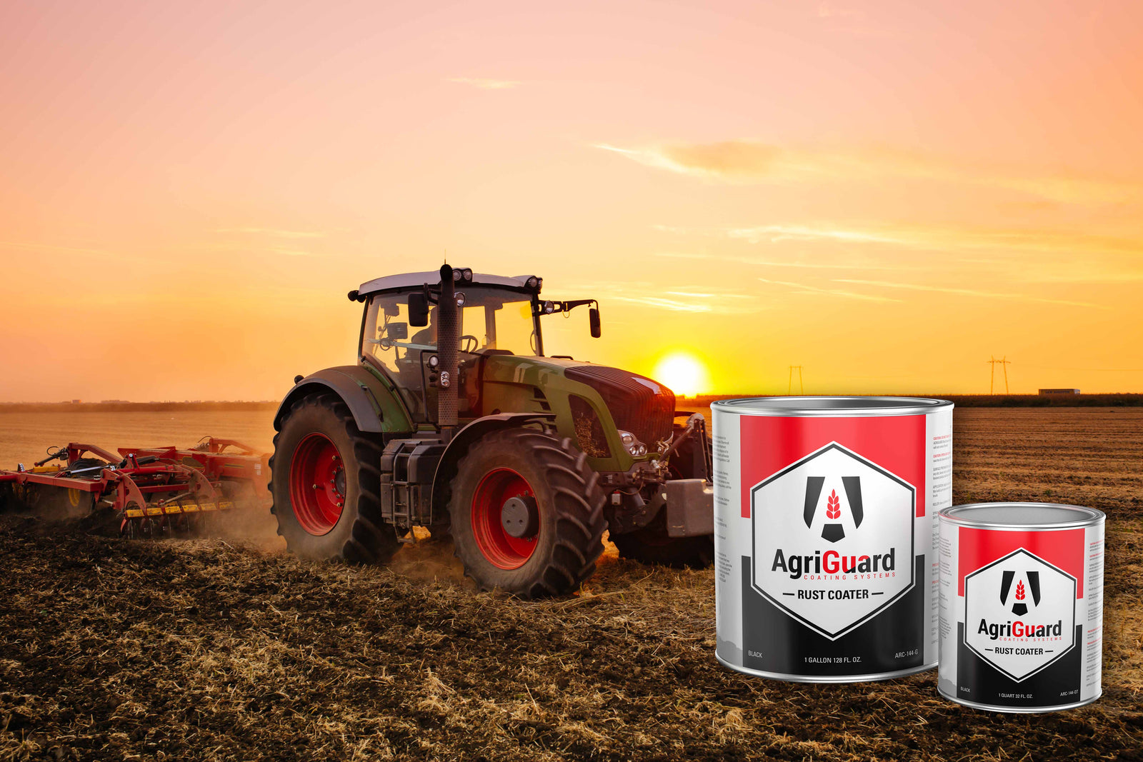 Tractor in field at sunset with Agriguard Cans pictured